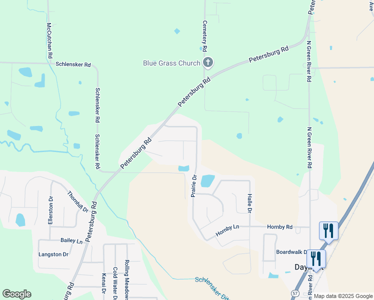 map of restaurants, bars, coffee shops, grocery stores, and more near 13629 Double Tree Court in Evansville