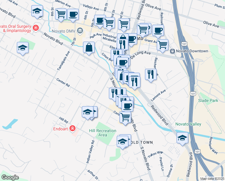 map of restaurants, bars, coffee shops, grocery stores, and more near 1587 South Novato Boulevard in Novato