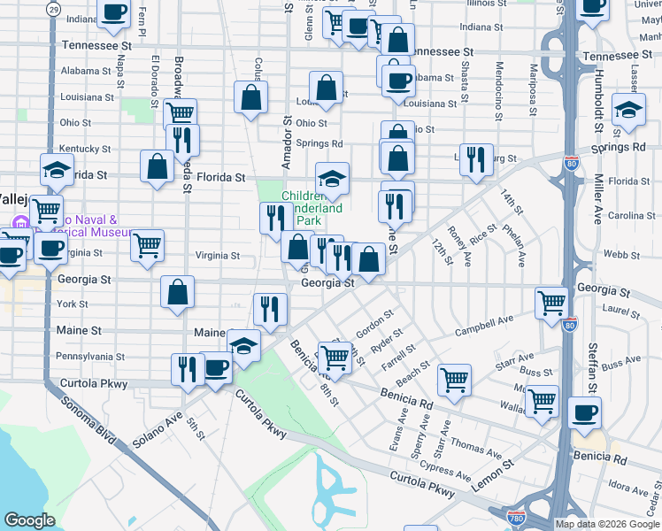 map of restaurants, bars, coffee shops, grocery stores, and more near 120 Contra Costa Street in Vallejo