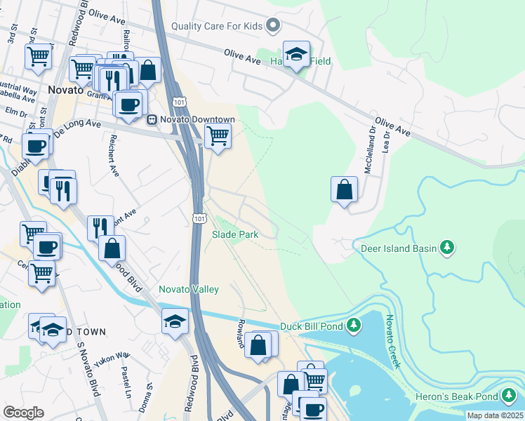 map of restaurants, bars, coffee shops, grocery stores, and more near 580 Fernando Drive in Novato