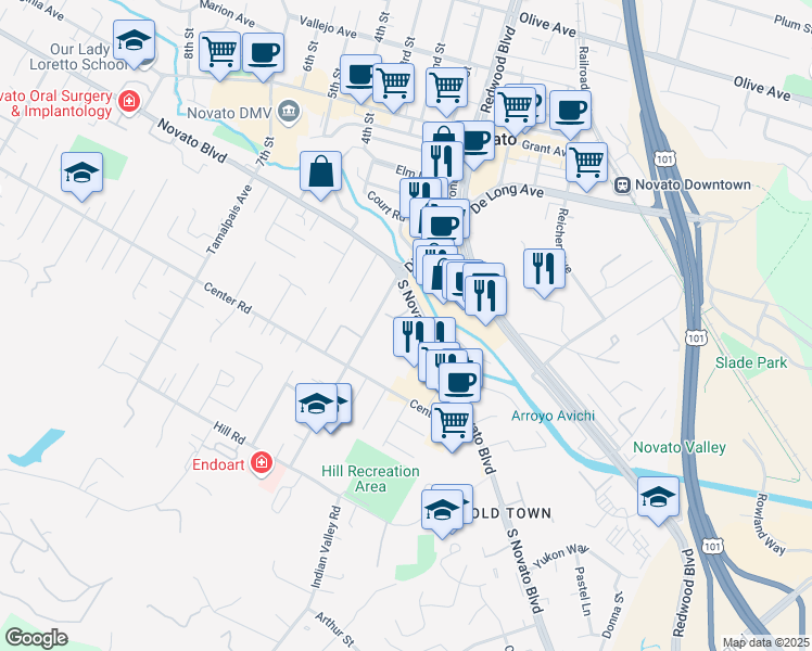 map of restaurants, bars, coffee shops, grocery stores, and more near 1587 South Novato Boulevard in Novato