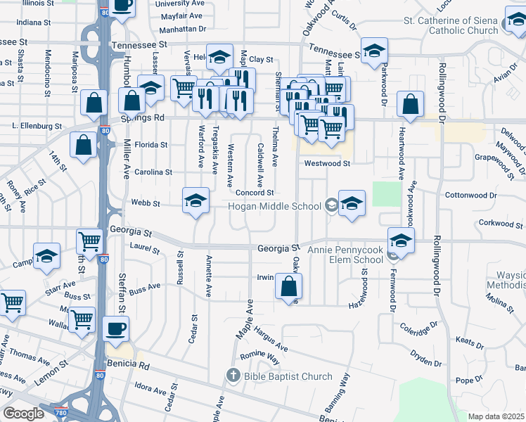 map of restaurants, bars, coffee shops, grocery stores, and more near 3021 Webb Street in Vallejo