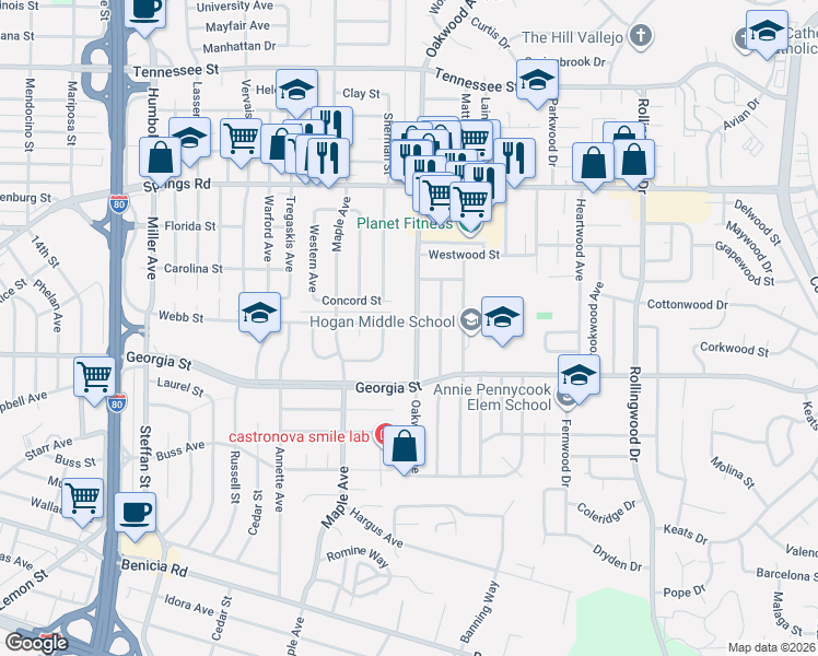 map of restaurants, bars, coffee shops, grocery stores, and more near 869 Oakwood Avenue in Vallejo