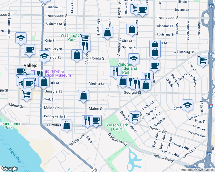 map of restaurants, bars, coffee shops, grocery stores, and more near 1045 Virginia Street in Vallejo
