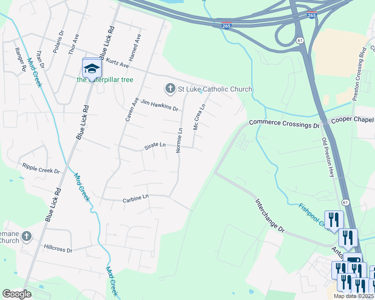 map of restaurants, bars, coffee shops, grocery stores, and more near 4212 Sirate Lane in Louisville