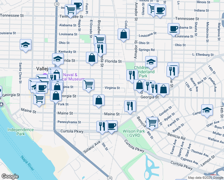 map of restaurants, bars, coffee shops, grocery stores, and more near 427 Monterey Street in Vallejo