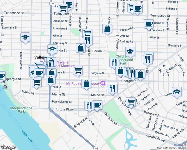 map of restaurants, bars, coffee shops, grocery stores, and more near 427 Monterey Street in Vallejo