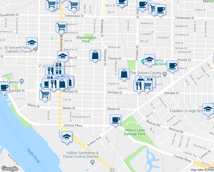 map of restaurants, bars, coffee shops, grocery stores, and more near in Vallejo