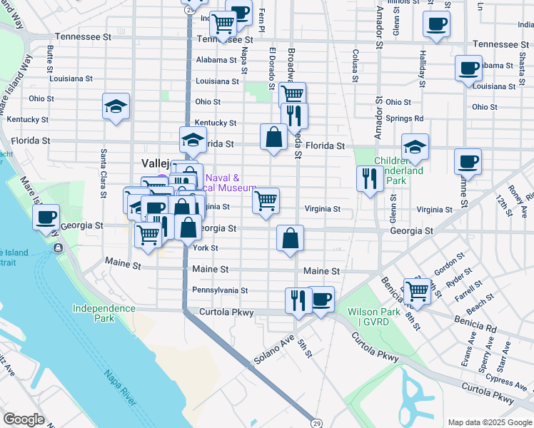 map of restaurants, bars, coffee shops, grocery stores, and more near 620 El Dorado Street in Vallejo