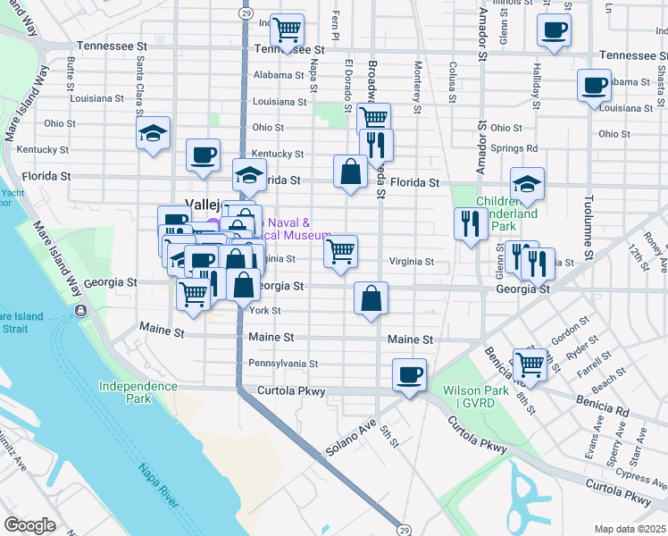 map of restaurants, bars, coffee shops, grocery stores, and more near 620 El Dorado Street in Vallejo