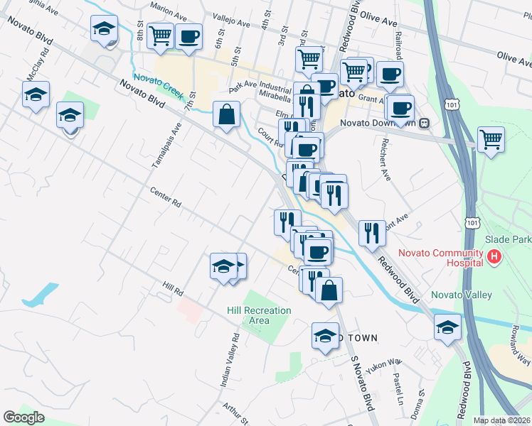 map of restaurants, bars, coffee shops, grocery stores, and more near 848 Diablo Avenue in Novato