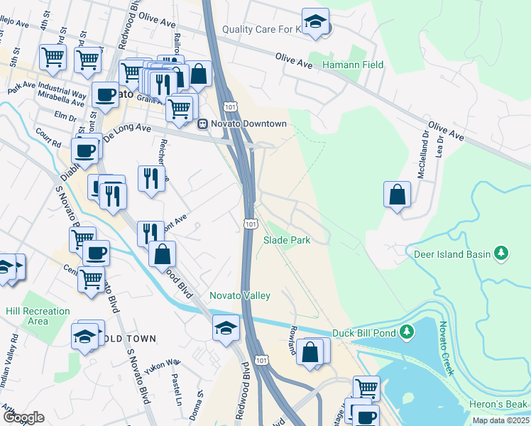 map of restaurants, bars, coffee shops, grocery stores, and more near 615 Manuel Drive in Novato