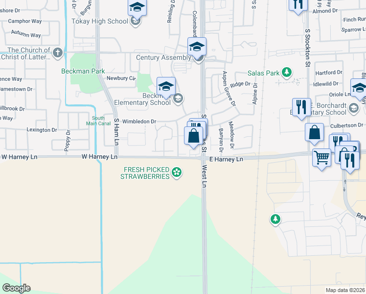 map of restaurants, bars, coffee shops, grocery stores, and more near 2516 Winchester Street in Lodi