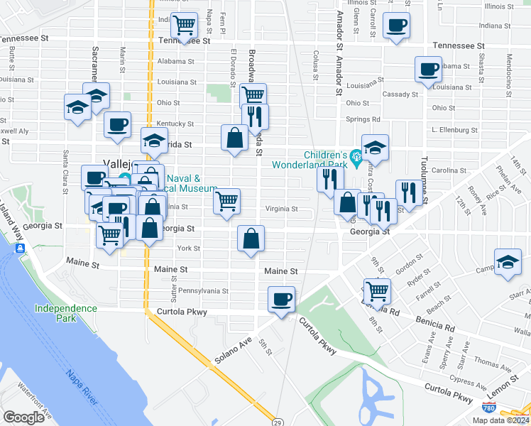 map of restaurants, bars, coffee shops, grocery stores, and more near in Vallejo