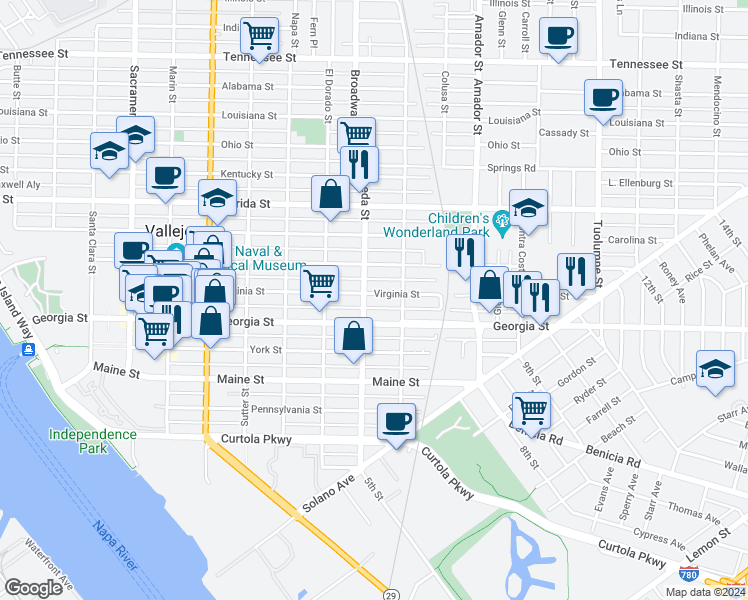 map of restaurants, bars, coffee shops, grocery stores, and more near 909 Virginia Street in Vallejo