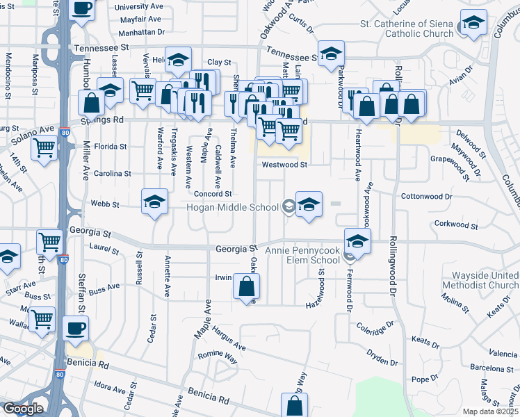 map of restaurants, bars, coffee shops, grocery stores, and more near 874 Oakwood Avenue in Vallejo