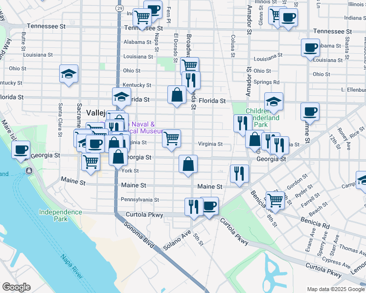 map of restaurants, bars, coffee shops, grocery stores, and more near 821 Virginia Street in Vallejo