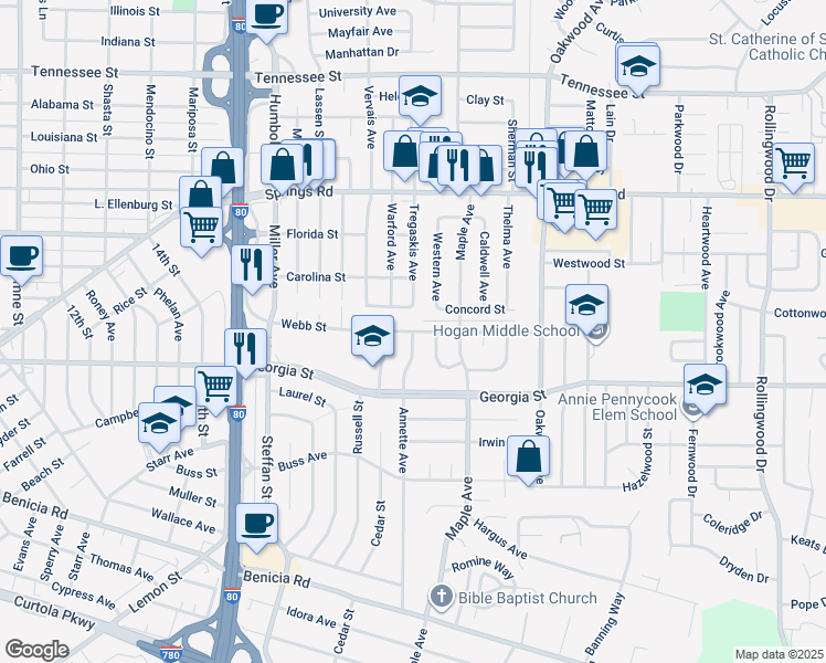 map of restaurants, bars, coffee shops, grocery stores, and more near Webb Street in Vallejo