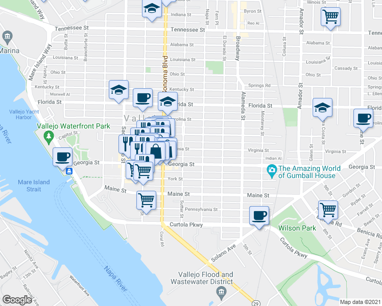 map of restaurants, bars, coffee shops, grocery stores, and more near 810 Sutter Street in Vallejo