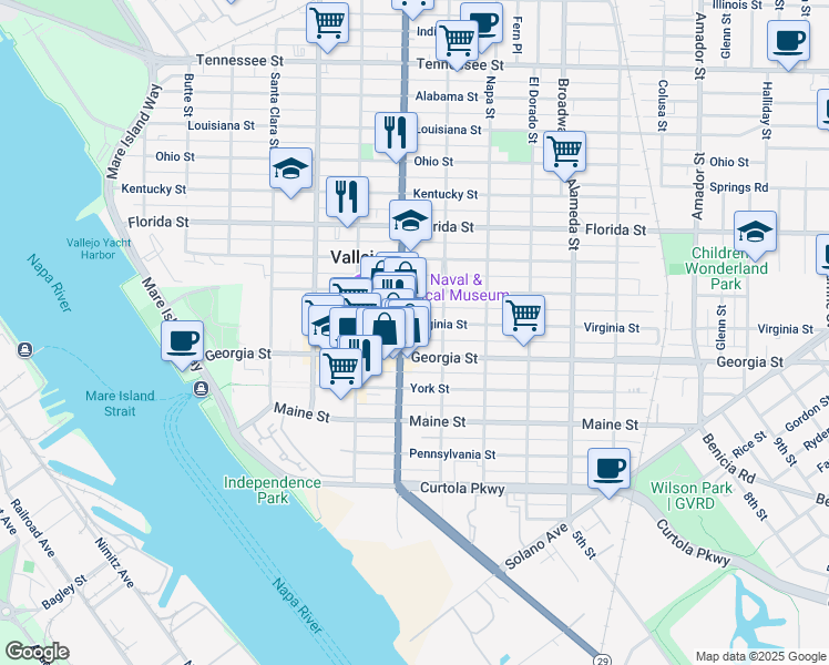 map of restaurants, bars, coffee shops, grocery stores, and more near 510 Georgia Street in Vallejo