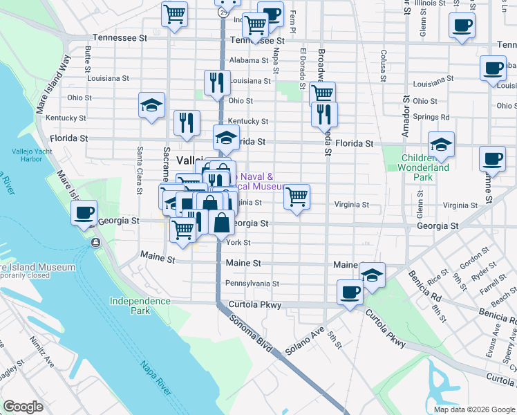 map of restaurants, bars, coffee shops, grocery stores, and more near 619 Virginia Street in Vallejo