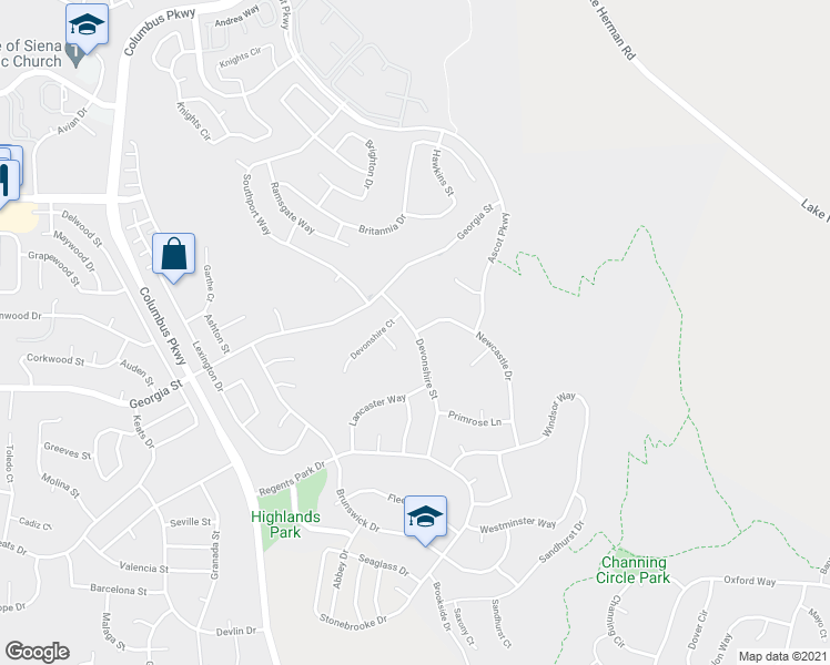 map of restaurants, bars, coffee shops, grocery stores, and more near Newcastle Dr & Devonshire St in Vallejo