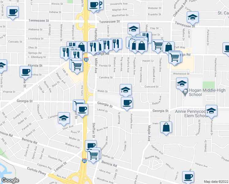 map of restaurants, bars, coffee shops, grocery stores, and more near Webb Street in Vallejo
