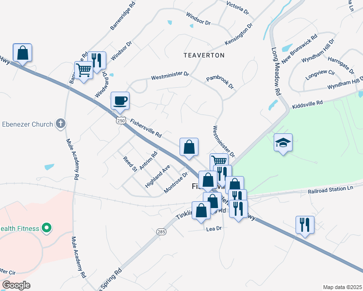 map of restaurants, bars, coffee shops, grocery stores, and more near 142 Fishersville Road in Fishersville