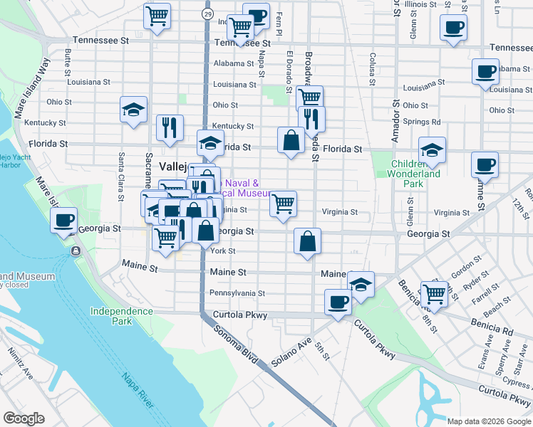 map of restaurants, bars, coffee shops, grocery stores, and more near in Vallejo