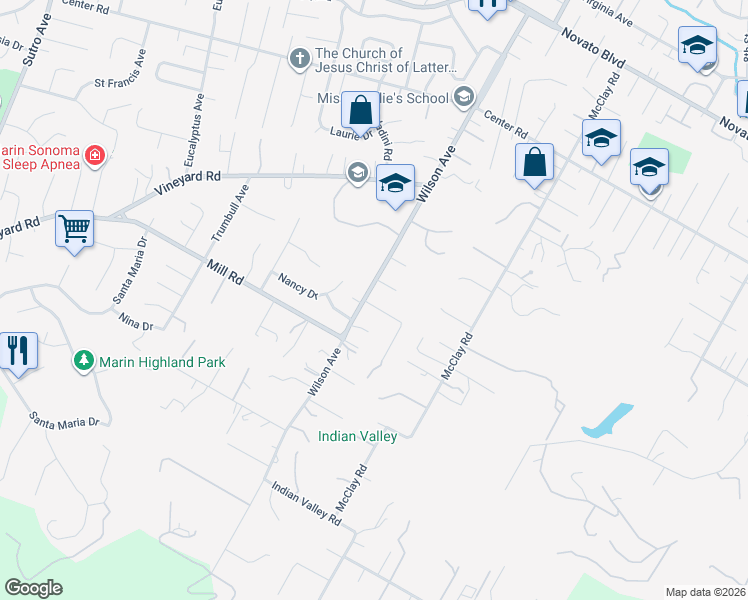 map of restaurants, bars, coffee shops, grocery stores, and more near 2 Shields Lane in Novato
