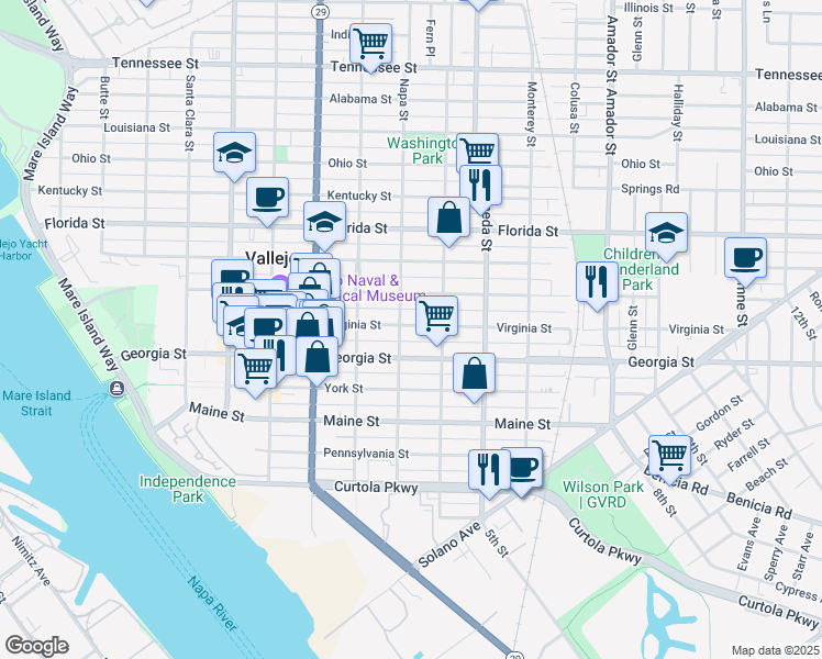 map of restaurants, bars, coffee shops, grocery stores, and more near 706 Napa Street in Vallejo