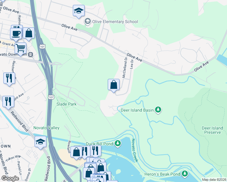 map of restaurants, bars, coffee shops, grocery stores, and more near 485 Lea Court in Novato