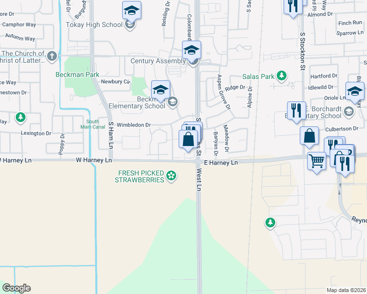 map of restaurants, bars, coffee shops, grocery stores, and more near 523 East Harney Lane in Lodi