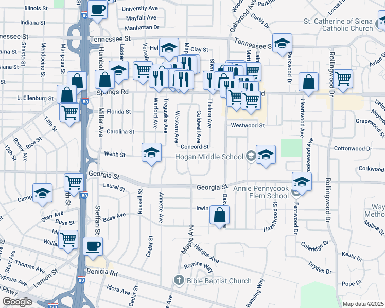 map of restaurants, bars, coffee shops, grocery stores, and more near 3021 Webb Street in Vallejo