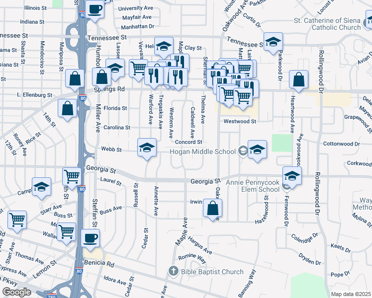 map of restaurants, bars, coffee shops, grocery stores, and more near 3021 Webb Street in Vallejo