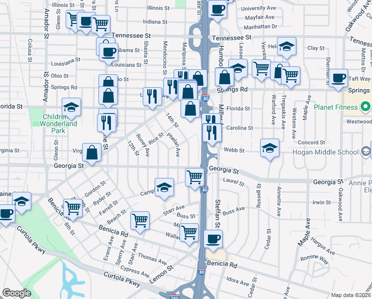 map of restaurants, bars, coffee shops, grocery stores, and more near 217 Phelan Avenue in Vallejo