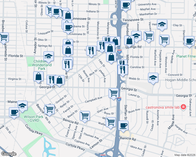 map of restaurants, bars, coffee shops, grocery stores, and more near 218 Mayo Avenue in Vallejo