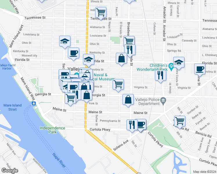 map of restaurants, bars, coffee shops, grocery stores, and more near 706 Napa Street in Vallejo