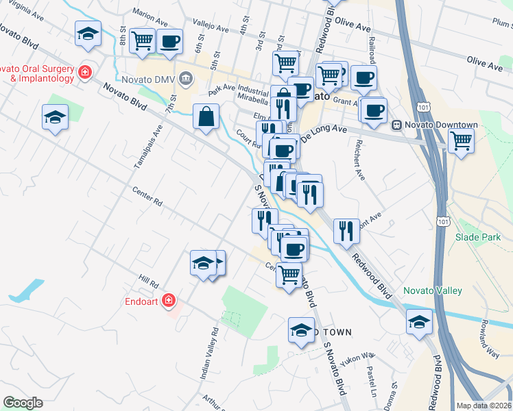 map of restaurants, bars, coffee shops, grocery stores, and more near 1587 South Novato Boulevard in Novato