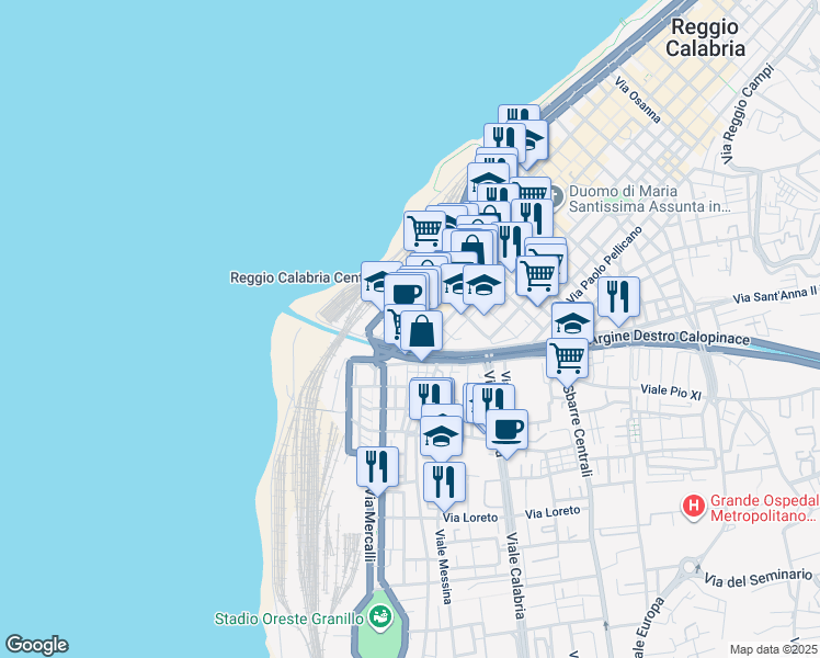 map of restaurants, bars, coffee shops, grocery stores, and more near 466 Corso Giuseppe Garibaldi in Reggio Calabria
