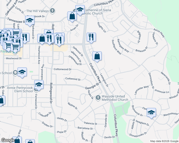 map of restaurants, bars, coffee shops, grocery stores, and more near 1321 Delwood Street in Vallejo