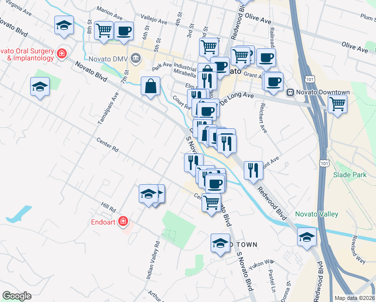 map of restaurants, bars, coffee shops, grocery stores, and more near 1599 South Novato Boulevard in Novato