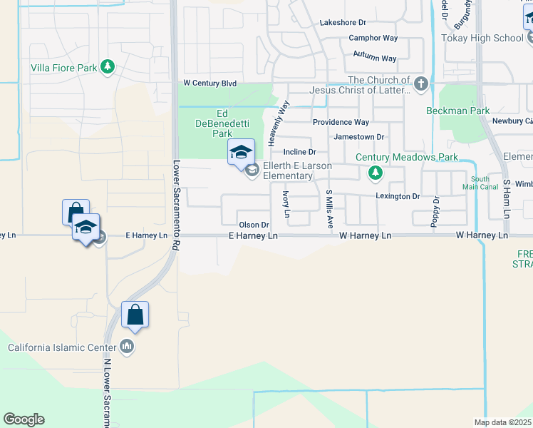 map of restaurants, bars, coffee shops, grocery stores, and more near 2204 Katzakian Way in Lodi