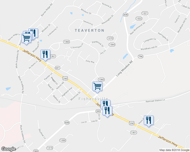 map of restaurants, bars, coffee shops, grocery stores, and more near 11 Devonshire Court in Fishersville