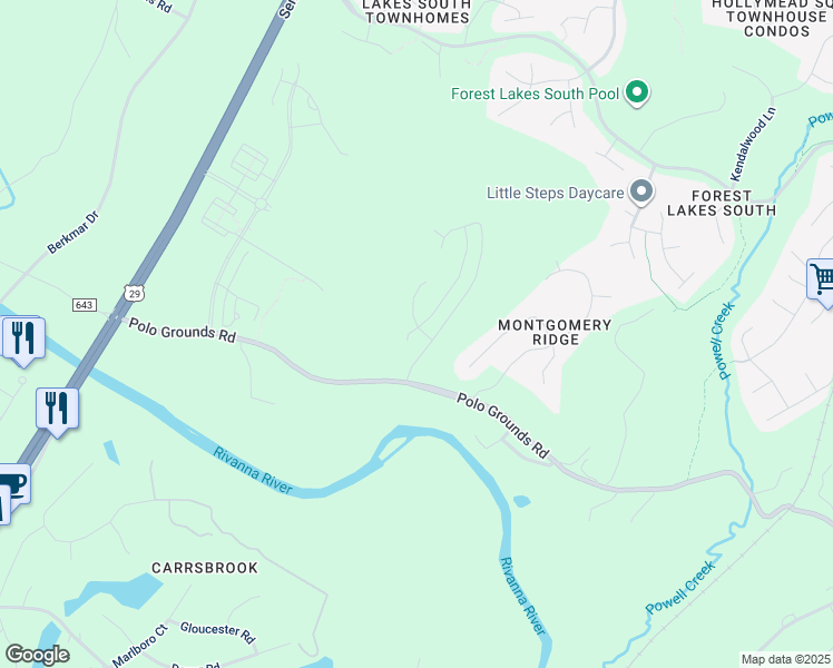 map of restaurants, bars, coffee shops, grocery stores, and more near Sablewood Drive in Hollymead