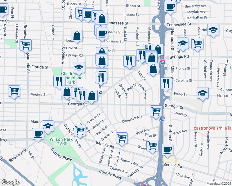 map of restaurants, bars, coffee shops, grocery stores, and more near 219 Gleason Avenue in Vallejo