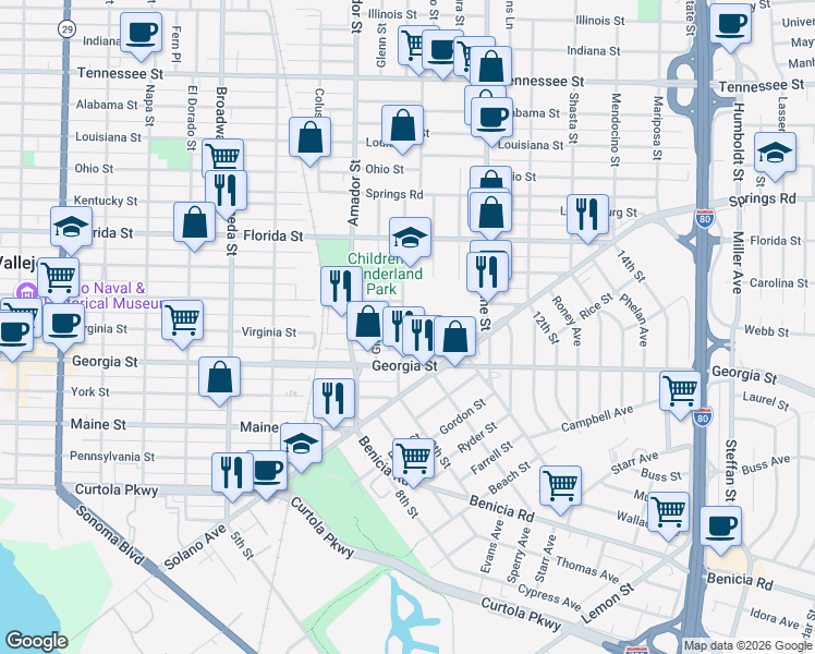 map of restaurants, bars, coffee shops, grocery stores, and more near 120 Contra Costa Street in Vallejo