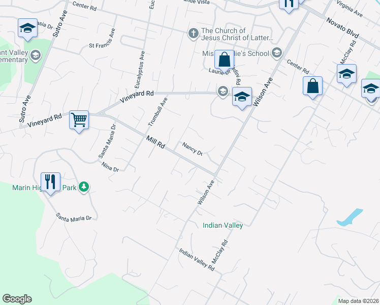 map of restaurants, bars, coffee shops, grocery stores, and more near 2030 Mill Road in Novato