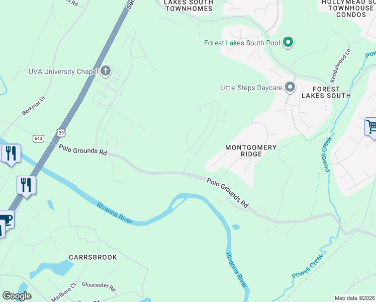 map of restaurants, bars, coffee shops, grocery stores, and more near 1688 Monet Hill in Charlottesville