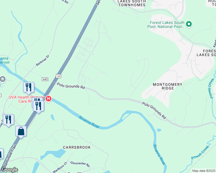 map of restaurants, bars, coffee shops, grocery stores, and more near 2575 Seminole Trail in Charlottesville
